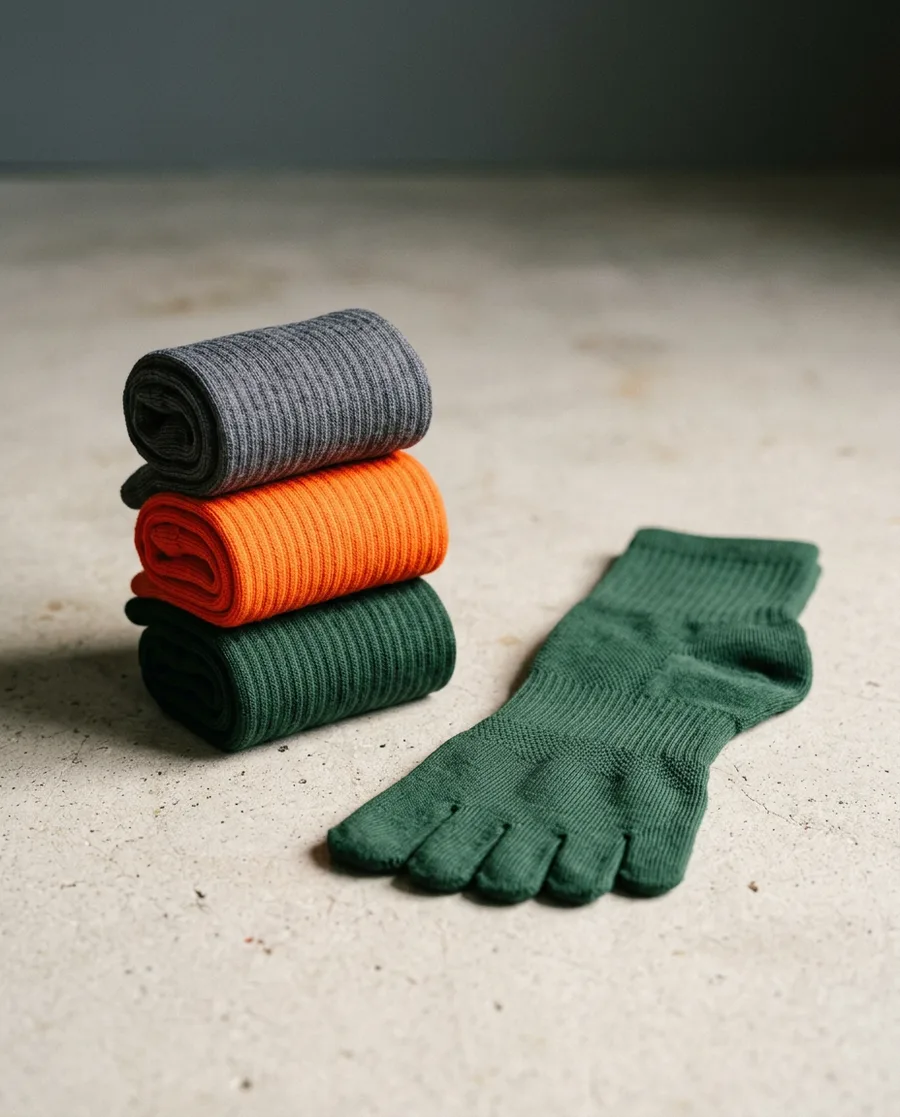 RunFinders performance toe socks — rolled and flat-lay