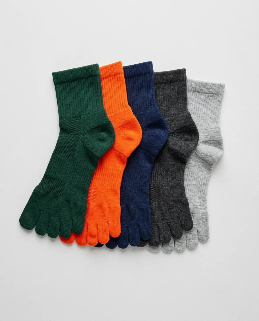 RunFinders performance toe socks in five colorways — forest, blaze, navy, charcoal and grey